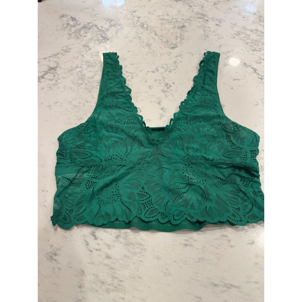 Aerie Floral Lace Bralette Emerald Green V-Neck Ribbed Back Crop Top size small